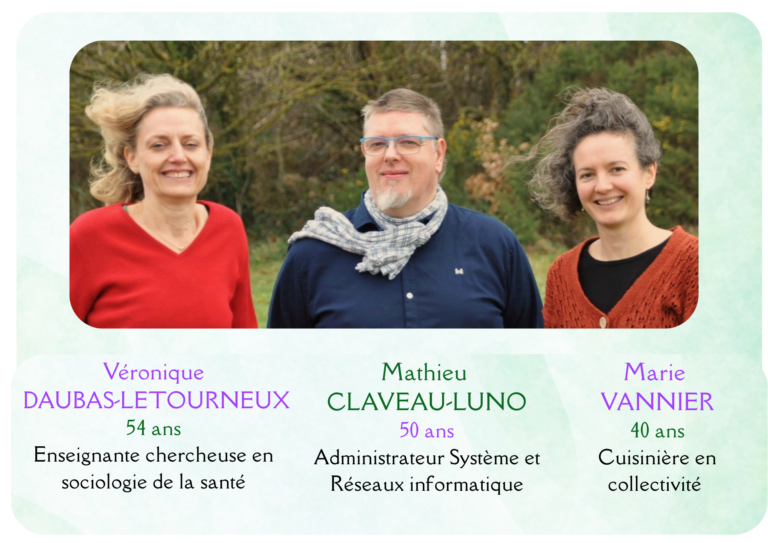 Photos de trois candidats Véronique Daubas-Letourneux, 54 ans, Enseignante chercheuse en socilogie de la santé. Mathieu Claveau-Luno, 50 ans, Administrateur Systèmes et réseaux informatique. Marie Vannier, 40 ans, cuisinière en collectivité.
