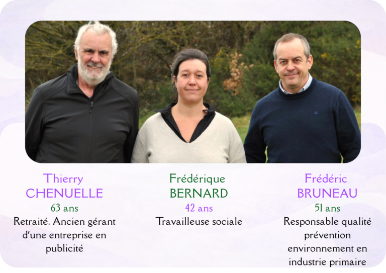 Photo de trois candidats : Thierry Chenuelle, 63 ans, retraité, ancien gérant d'une entreprise en publicité. Frédérique Bernard, 42 ans, travailleuse sociale. Frédéric Bruneau, 51 ans, Responsable qualité prévention environnement en industrie primaire.
