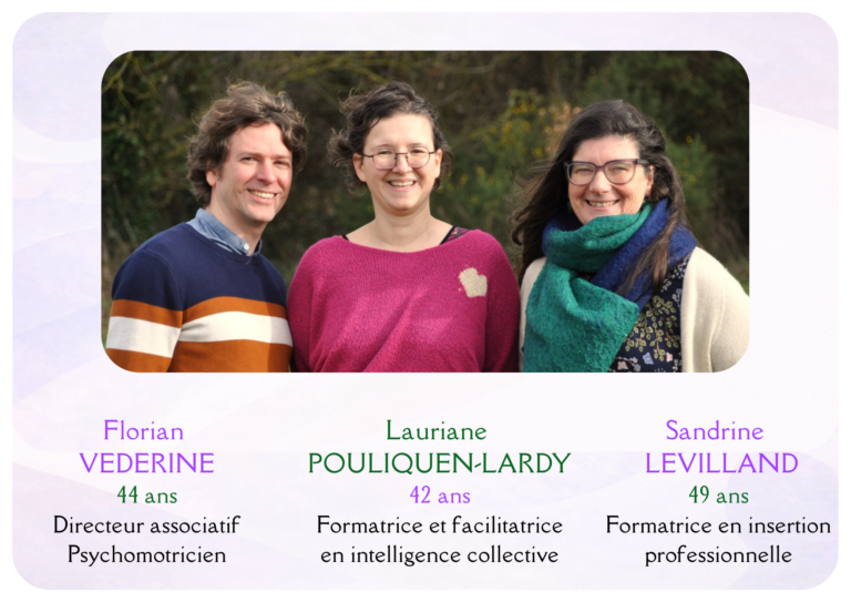 Photo des trois candidats en tête de liste : Lauriane Pouliquen-Lardy, 42 ans, Formatrice et facilitatrice en intelligence collective. Florian Védérine, 44 ans, directeur associatif et psychomotricien. Sandrine Levilland, 49 ans, formatrice en insertion professionnelle.