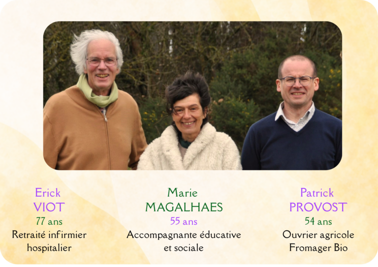 Photo de trois candidats : Erick Viot, 77 ans, retraité, ancien informier hospitalier. Marie Magalhaes, 55 ans, accompagnante éducative et sociale. Patrick Provost, 54 ans, ouvrier agricole fromager bio.