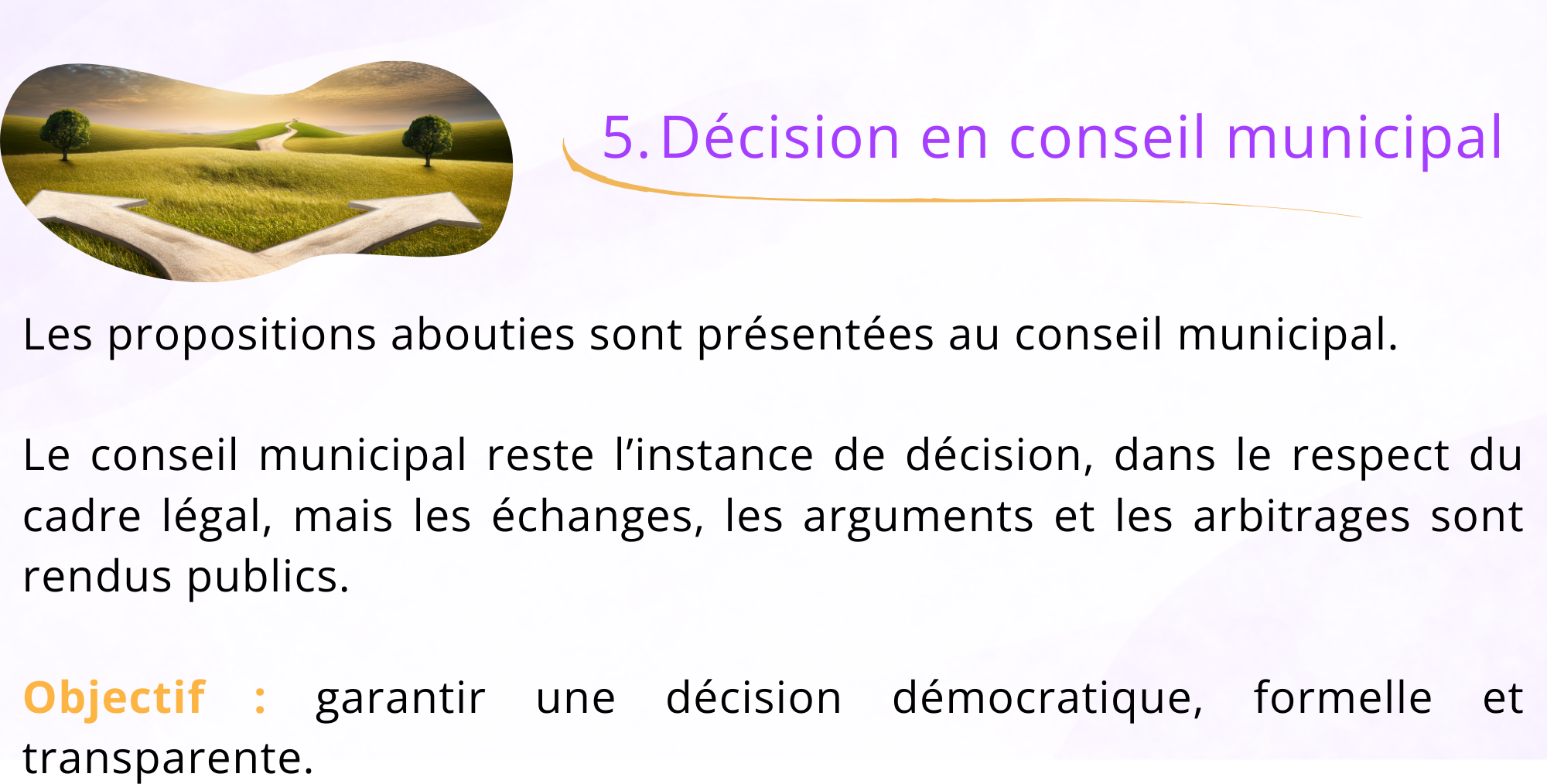 5. Décision du conseil municipal Les proposition abouties sont présentées au conseil municipal. Le conseil municipal reste l'instance de décision, dans le respect du cadre légal, mais les échanges, les arguments et les arbitrages sont rendus publics. Objectif : garantir une décision démocratique, formelle et transparente.