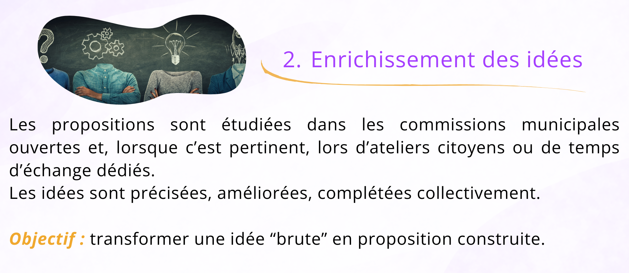 2. Enrichissement des idées Les propositions sont étudiées dans les commissions municipales ouvertes et, lorsque c'est pertinent, lors d'ateliers citoyens ou de d"échange dédiés. Les idées sont précisées, améliorées, complétées collectivement. Objectif : transformer une idée "brute" en proposition construite.