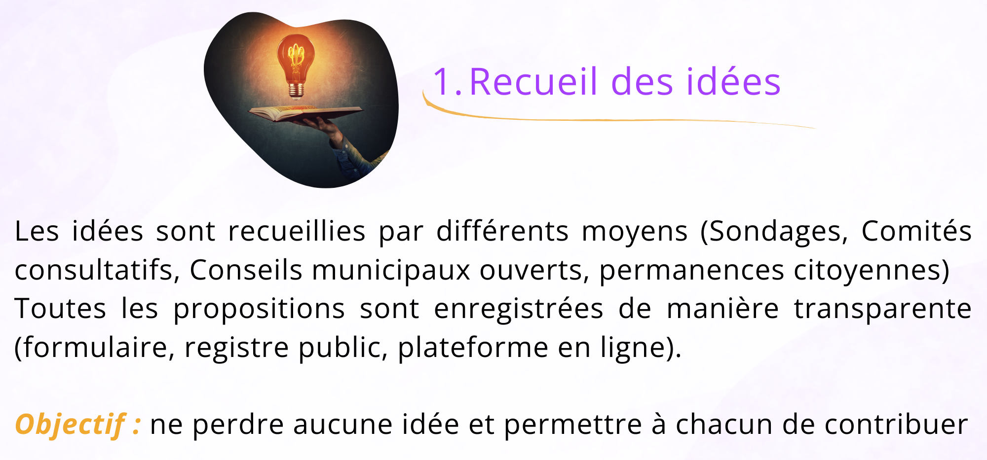 1. Recueil des idées. Les idées sont recueillis par différents moyens (sondages, comités consultatifs, conseils municipaux ouverts, permanences citoyennes) Toutes les proposition sont enregistrées de manière transparente (formulaire, registre public, plateforme en ligne) Objectif : ne perdre aucune idée et permettre à chacun de contribuer.