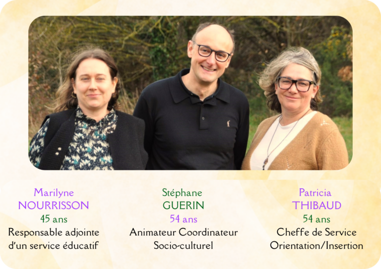 Photo de trois candidats Maryline Nourrisson, 45 ans, Responsable adjoint d'un service éducatif. Stéphane Guérin; 54 ans, Animateur socio-culturel. Patricia Thibaud, 54 ans, cheffe de service orientation/Insertion.